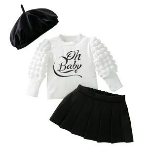 New Baby 3 Pcs Clothing Set Puff Sleeve Ruffles Letter Printed T-shirt Top +solid Pleated Skirt + Hat Outfits For Baby