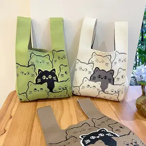 Korean Style Cute Cat Versatile Knitted Girl's Shoulder Custom Tote Bag Handbag For Women Casual Tote With Open Closure Type