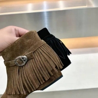 Bottes pour femmes à la mode avec pompons, bottes mi-mollet rétro pointues décontractées à fermeture éclair pour femmes