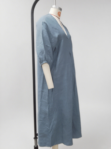 <span class=keywords><strong>Vestido</strong></span> de lino con cuello en V elegante holgado de lino 100%, <span class=keywords><strong>vestido</strong></span> <span class=keywords><strong>Midi</strong></span> de <span class=keywords><strong>manga</strong></span> <span class=keywords><strong>media</strong></span> bohemio azul pizarra para mujer - Product Image 3