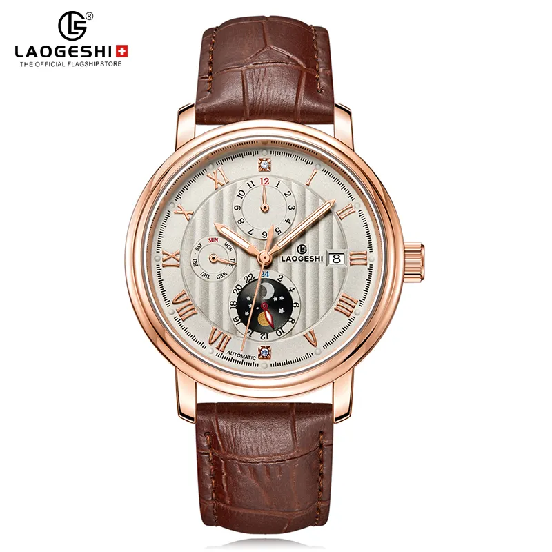 Classic Rose Gold White Mechanical Watch High Quality Waterproof Automatic Movement Watches Genuine Leather Luxury For Men
