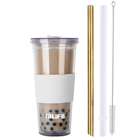 Gobelet en plastique à double paroi OEM de 700 ml (24 oz) réutilisable pour thé au lait Boba avec paille et couvercle