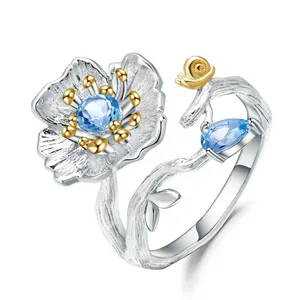 C7772 Mematuhi Natural Swiss-Blue Topaz Gemstone Mode Bijoux 925 Sterling Silver Cincin Bunga Perhiasan Wanita