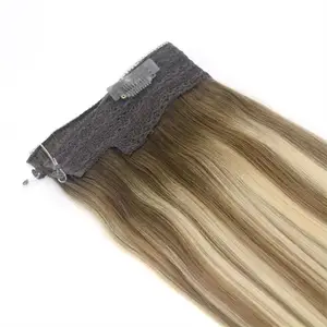 18 Inch Ash Blonde Highlights Light Blonde Secret Invisible Wire Human Hair Extensions Fish Line Hair Halo Extensions 80G