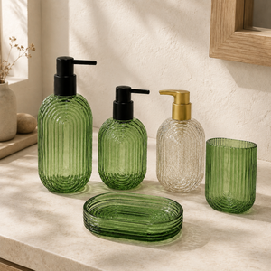 Juego de Baño de Vidrio Acordonado Verde con Diseño Rectangular Redondeado, 4 Piezas: Dispensador de Loción, Vaso, Jabonera - Product Image 2