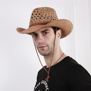 Sombrero de Paja Panamá con Cordón para Playa y Verano, Diseño Clásico Hueco, Sombrero Vaquero Occidental de Paja - Product Image 2
