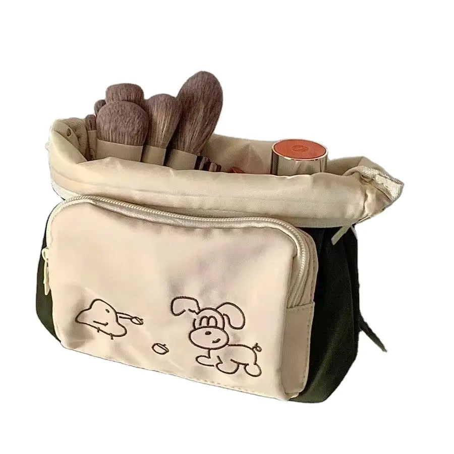 Haute qualité nouveau sac cosmétique mignon spécial femmes filles, sac de rangement de maquillage de grande capacité portable pour pinceaux vert et beige