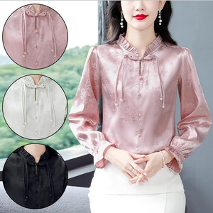 Chinese Style Women's Long Sleeve Top Pink Traditional Elegant Party Wear With Chinese Knot Buttons And Ruffled Trim - Product Image 4