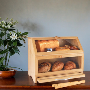 Boîte à pain double couche en bambou 15,4x12,6x9,8 pouces, anti-poussière et anti-humidité, avec planche à découper et pinces - Product Image 2