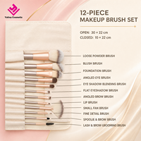 12Pcs Set Kuas Makeup Portabel Bulu Sintetis Lembut Alat Kosmetik Gagang Kayu Kantong Perjalanan Kulit PU Beige untuk Wajah dan Mata