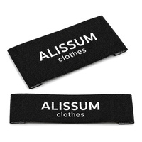 Étiquette tissée personnalisée pour marque privée, en polyester noir mat à tissage serré, avec design d'écriture secondaire, pour fabricants de vêtements, en gros