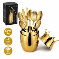 Ensemble de couverts en acier inoxydable doré, 24 pièces, finition miroir, design gravé royal, coffret cadeau de mariage
