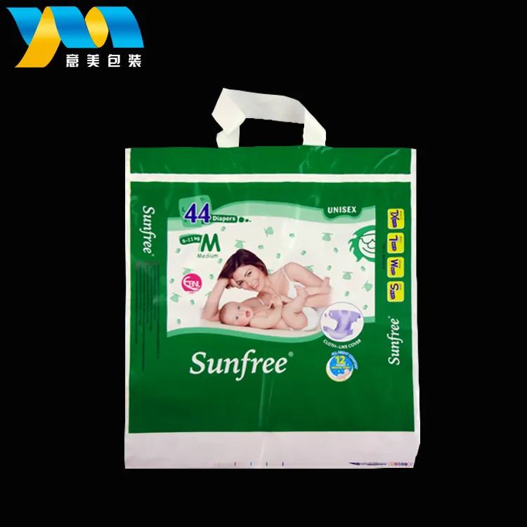 중국 공장 공급 사용자 정의 디자인 인쇄 아기 기저귀 플라스틱 포장 가방 핸들