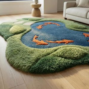 Tapis en laine tuftée texturée motif bassin de koïs et mousse irrégulière, avec détails de poissons bleus et oranges, pour Chambre, Salon, Chambre d'enfant, Enfants, Vente en gros - Product Image 6