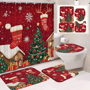 Rideau de Douche en Polyester Motif Renne de Noël, Arbre de Noël et Bonhomme de Neige, Ensemble Rideau et Tapis de Salle de Bain, Vente en Gros - Product Image 4