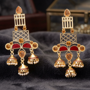 Dernières boucles d'oreilles pendantes Meenakari style Bollywood Indo-Occidental tendance, plaqué or, strass en cristal 8893LCT pour la mode - Product Image 3