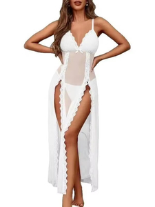 Robe longue sexy transparente en dentelle à fente haute, maille transparente couleur unie, élégante, dos nu, décolleté plongeant en V, sans manches - Product Image 2