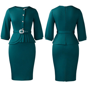 Robes élégantes pour femmes, coupe ajustée, col rond, volants, taille haute, couleur unie, tendance - Product Image 5