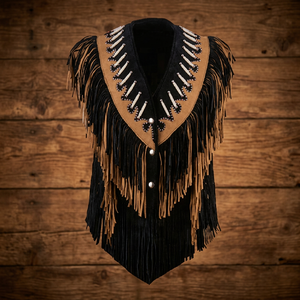 <b>Black</b> Bone Genuine Leather <b>Waistcoat</b> with Vintage Fringes Beads Lace Decorations Outer Style Vest Woven Canvas Button Fabric - Product Image 2