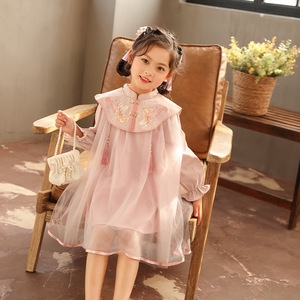 Otoño nuevo bordado niñas Vestido largo de princesa estampado Floral cuello redondo decoración de encaje nube hombro <span class=keywords><strong>gasa</strong></span> para niños - Product Image 6