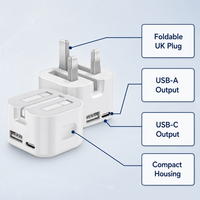 Chargeur mural pliable 12W double port PD avec prise UK OTP pour smartphones, tablettes, voyage, maison, bureau, compact, blanc, USB-A Type-C
