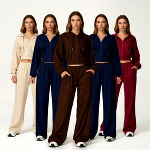 Ensemble décontracté 2 pièces pour femme : sweat à capuche court zippé en molleton bouclette et pantalon large, <span class=keywords><strong>couleur</strong></span> unie, style streetwear pour l'automne - Product Image 1