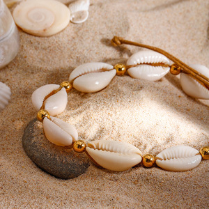 Stylish Shell <b>Bead</b> Adjustable Anklet Women's Jewelry Natural Cowrie Shell Gold Ball Waxed <b>Thread</b> Bracelet For Beach Wear - Product Image 2