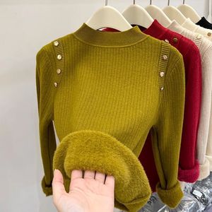 Pull pour femme, col rond, manches longues, coupe ajustée, doublure en polaire, épais et chaud, pour l'hiver - Product Image 2