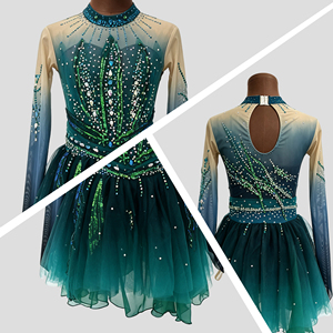 Vestido de Patinaje Artístico para Niñas, Color Verde Oscuro, Manga Larga, con Pedrería, Traje de Competición Personalizado, Vestido de Actuación de Patinaje sobre Hielo - Product Image 2