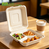 Contenant alimentaire jetable en bagasse de fibre naturelle non blanchie, type coquille, 8x8 pouces, résistant à la chaleur