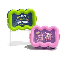 Boîte à bento ondulée pour enfants en PP avec ensemble de couverts, couvercle à fermeture à pression, fenêtre transparente, boîte à lunch portable pour l'école, boîte à lunch pour enfants avec dessin animé