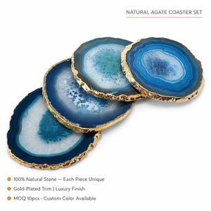 Natural <strong>Agate</strong> Stone <strong>Coaster</strong> Set with Gold Trim Black Blue Geode Slice <strong>Coaster</strong> for Home Decor, Bar &amp; Wedding Gift Wholesale OEM - Product Image 1