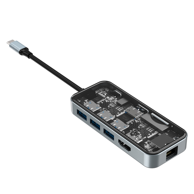 Transparent PD100W Type-c Hub 10 in 1 Usb c Hub with Usb3.0 Hdtv 4K Rj45 1000m Multi Ports Docking Station Usb Hubs