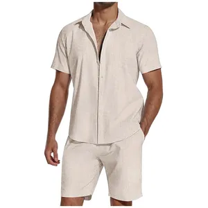 Chemise hawaïenne en coton et lin pour hommes, ensemble deux pièces pour l'été, vêtements de plage blancs assortis, ensemble court pour hommes, chemise de plage hawaïenne