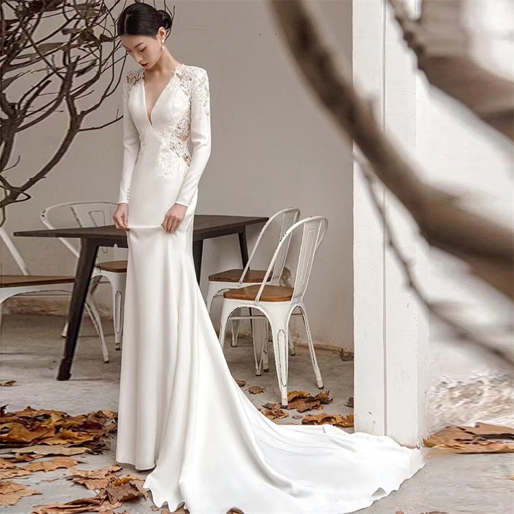 Satin Light Wedding Dress With Long Sleeve & Slim Fishtail