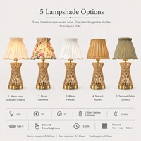 Lampe de table sans fil rechargeable simple pour décoration de mariage, avec corps en corde sablier et abat-jour en tissu floral, idéale pour événements, boutiques et hôtels