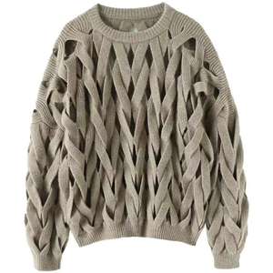 Pull décontracté pour femme en maille <span class=keywords><strong>ajourée</strong></span> à col rond avec logo frontal, haute densité de fibres (GSM élevé) - Product Image 1
