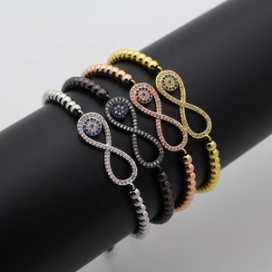 Moda chapado en oro 4MM cuentas de latón Mirco Pave CZ número ocho 8 infinito ojo encanto ajustable cordón negro pulsera - Product Image 1
