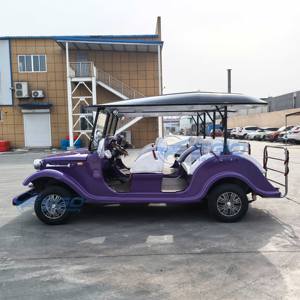 Voiture électrique de tourisme vintage violette, véhicule touristique rétro pour site panoramique, navette électrique de tourisme avec auvent - Product Image 1
