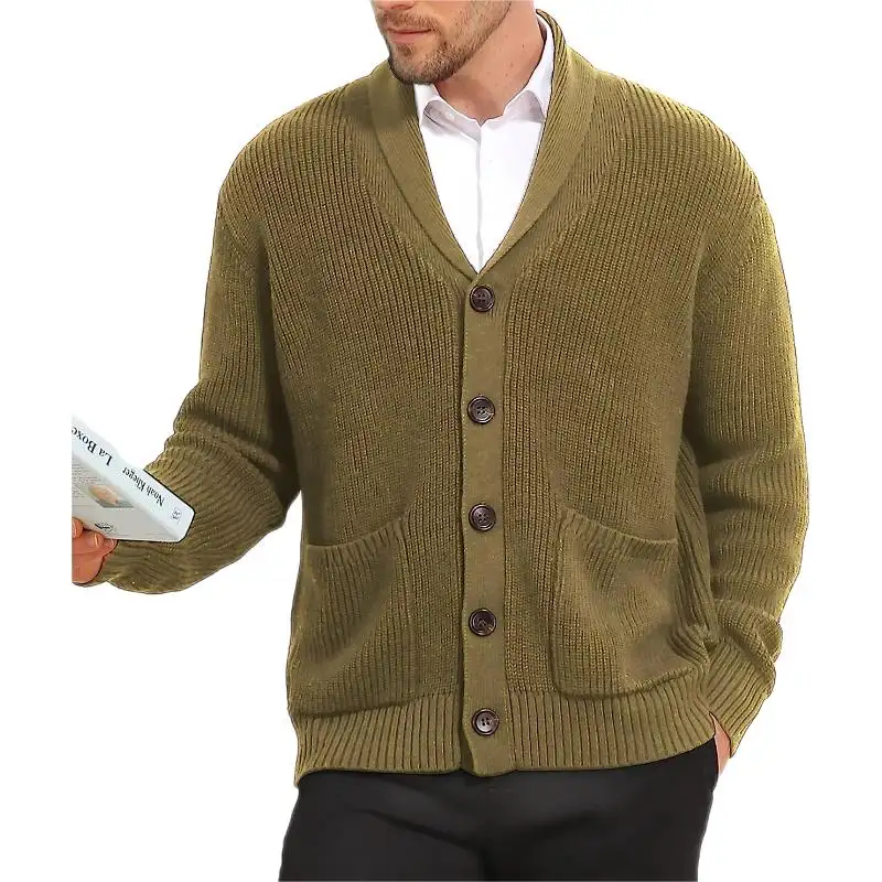 Mens Cardigan Sweater Casual Soft Shawl Collar Cardigan Stylish Cable Knit Button up Cardigan Sweater with Pockets