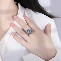 Anillo de Lujo con Flor de Aguamarina Simulada de Latón 8*8, Chapado en Rodio, para Boda o Fiesta, Gran Venta