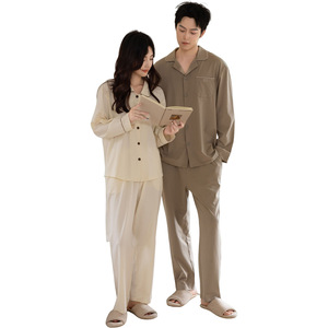 Unisex Lyocell Cotton Pajama Set Simple Long-Sleeved <b>Cardigan</b> Loungewear <b>Plus</b> <b>Size</b> Men's Pants Trousers Customizable for Spring - Product Image 4
