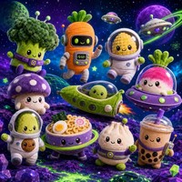 Ensemble de robots cyber-végétaux rétro en peluche, figurines de personnages d'agents végétaux de science-fiction