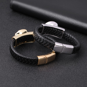 Handcrafted Genuine <b>Leather</b> <b>Bracelet</b> With PVD Gold Stainless Steel Magnetic Clasp & Rotatable Cubic Zirconia Fleur De Lis Charm - Product Image 4
