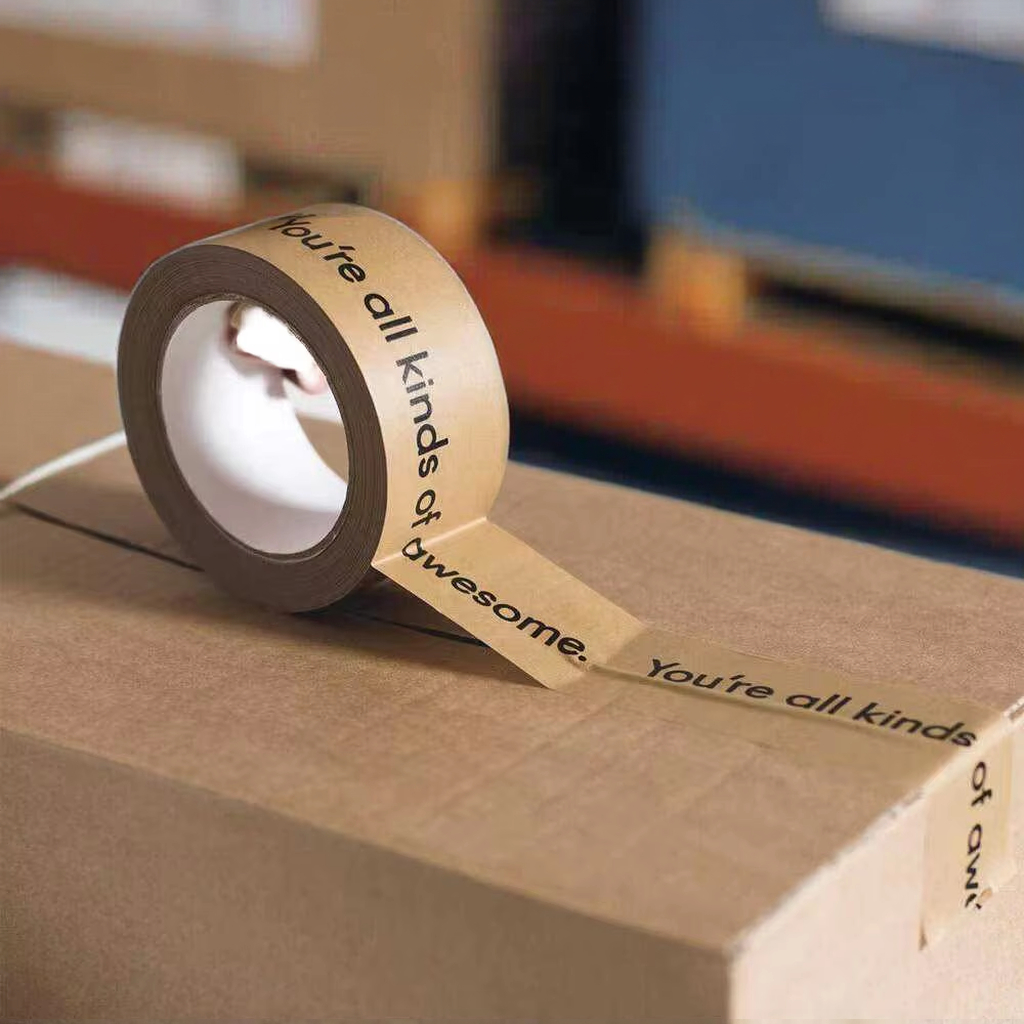 Custom Printed Logo Black Brown Water Activated Gummed Reinforced Self Adhesive Fragile Packing Kraft Paper Tape