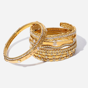 Gold Rhinestone Bracelet <b>Set</b> Women's Party Jewelry Zinc Alloy Channel Setting Elegant Fashion <b>Bangles</b> - Product Image 1