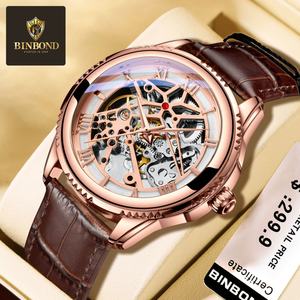 Montre mécanique classique personnalisée avec logo, cadran en verre, aiguilles, étanche, bracelet en cuir, automatique de luxe pour homme - Product Image 1