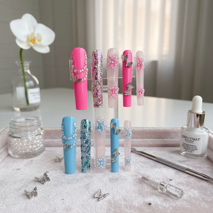 Luxury Long Coffin <b>Nails</b> Chic Aura Pink Square Pattern Press-on <b>Set</b> ABS Plastic with Glue for Fingers Custom Model Style - Product Image 3