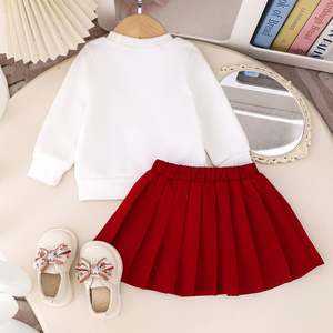 Conjunto <span class=keywords><strong>de</strong></span> Ropa para Niñas, Primavera, Blusa Blanca <span class=keywords><strong>de</strong></span> Manga Larga con Lazo, Falda Plisada Roja Vino, Dulce <span class=keywords><strong>y</strong></span> Lindo - Product Image 4