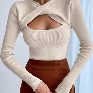 Oem 독특한 디자인 섹시한 질감 리빙 슬림 패턴 맞춤 트위스트 프론트 크루 넥 긴 소매 여성 탑